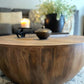 Drum Shape Wooden Coffee Table with Plank Design Base Distressed Brown By The Urban Port UPT-32182