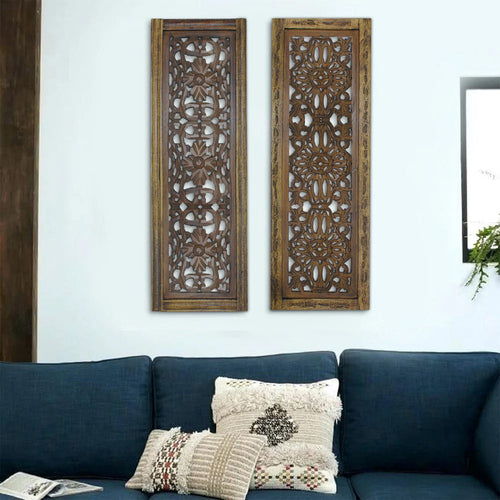 Benzara Floral Hand Carved Wooden Wall Panels, Assortment of Two, Brown