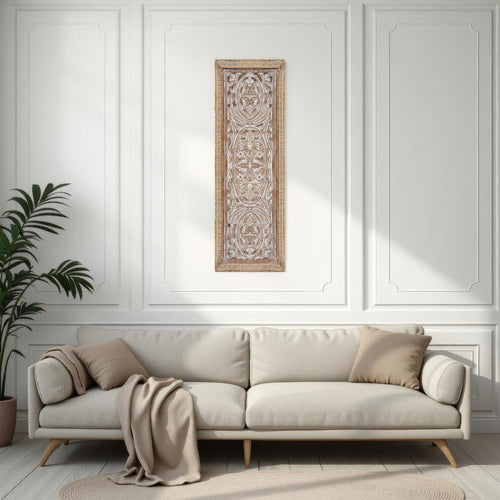 Rectangular Mango Wood Wall Panel Hand Crafted With Intricate Carving, White and Brown The Urban Port