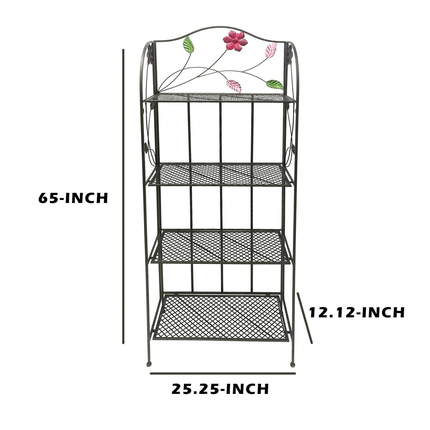 65 Inch Metal Foldable Bakers Rack, Four Tier with Flower Motifs, Black The Urban Port
