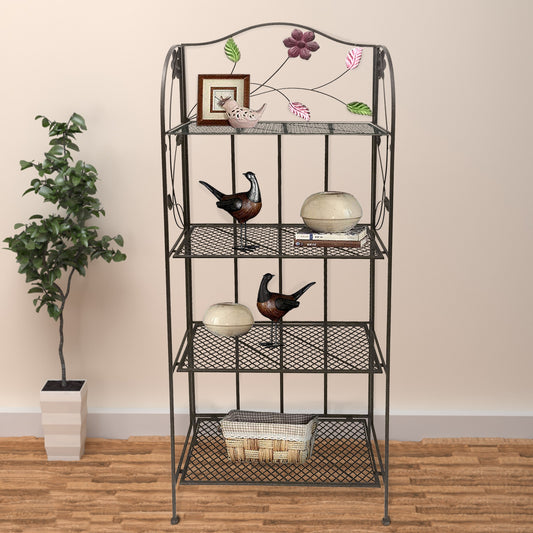 65 Inch Metal Foldable Bakers Rack, Four Tier with Flower Motifs, Black The Urban Port