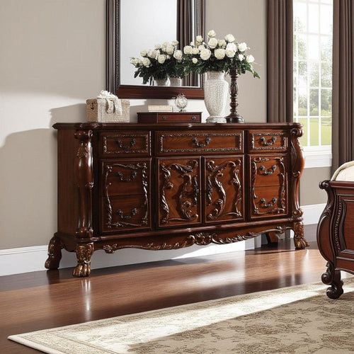 Wide Dresser, 7 Drawers w Antique Handles, Floral Carvings, Brown