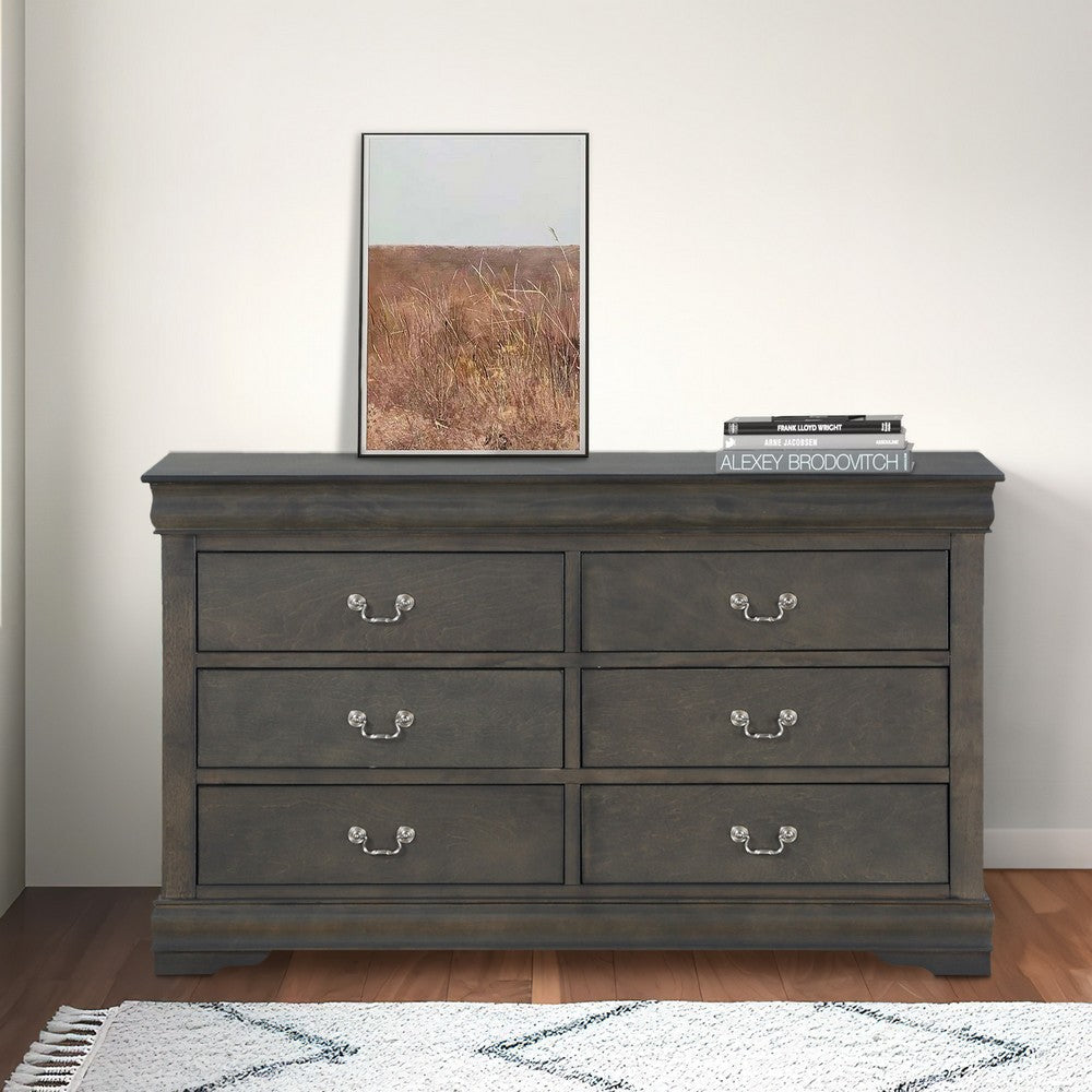 Six Drawers Wooden Dresser with Metal Handles and Bracket Base Dark Gray AMF-26795