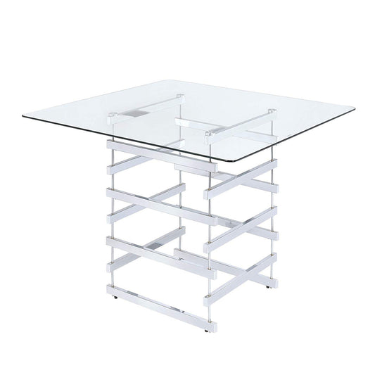 Mirror Top Counter Height Table With Metal Architectural Base, Chrome & Clear By Casagear Home
