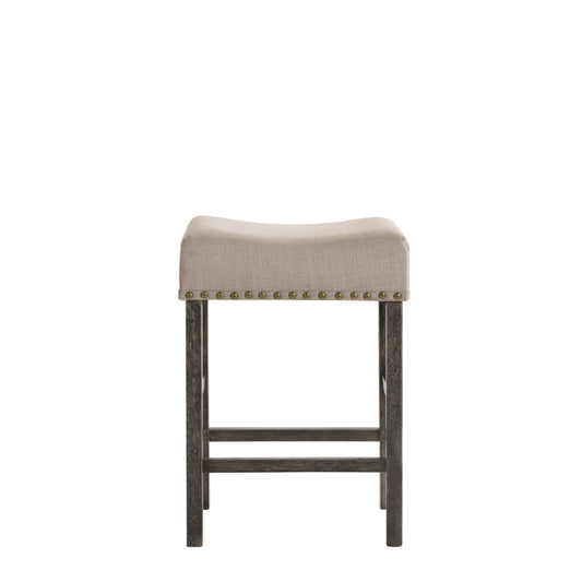 Wooden Counter Height Stool with Linen Upholstered Saddle Seat, Set of 2, Beige and Gray By Casagear Home