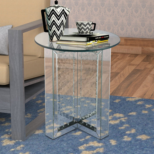 Celeste End Table | Round Mirror Top | Crystal Base | Silver