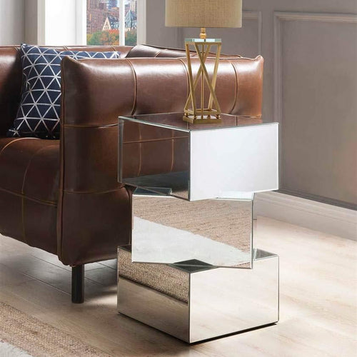 Celeste End Table | Mirror & Glass | Geometric Base | Silver