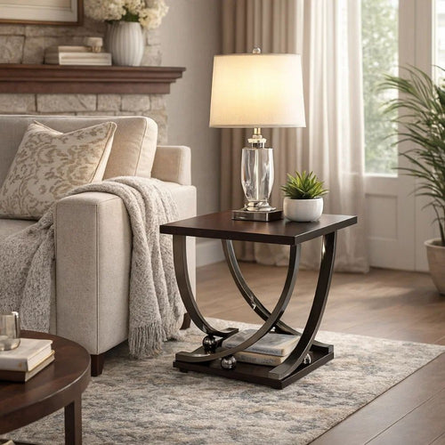 Nova End Table | Wood & Metal | Sweeping Legs | Dark Walnut & Black