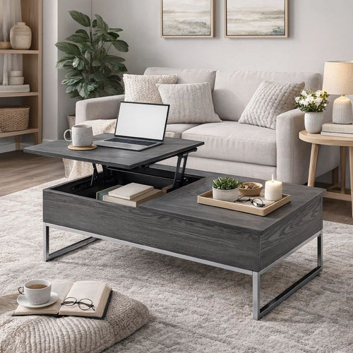 Wooden Coffee Table with Two Lift Tops and Metal Sled Leg Support, Gray and Silver