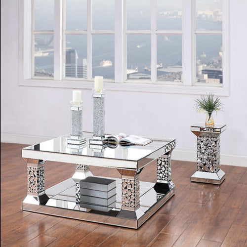 Celeste Coffee Table | Wood & Mirror | 1 Shelf | Clear & Black