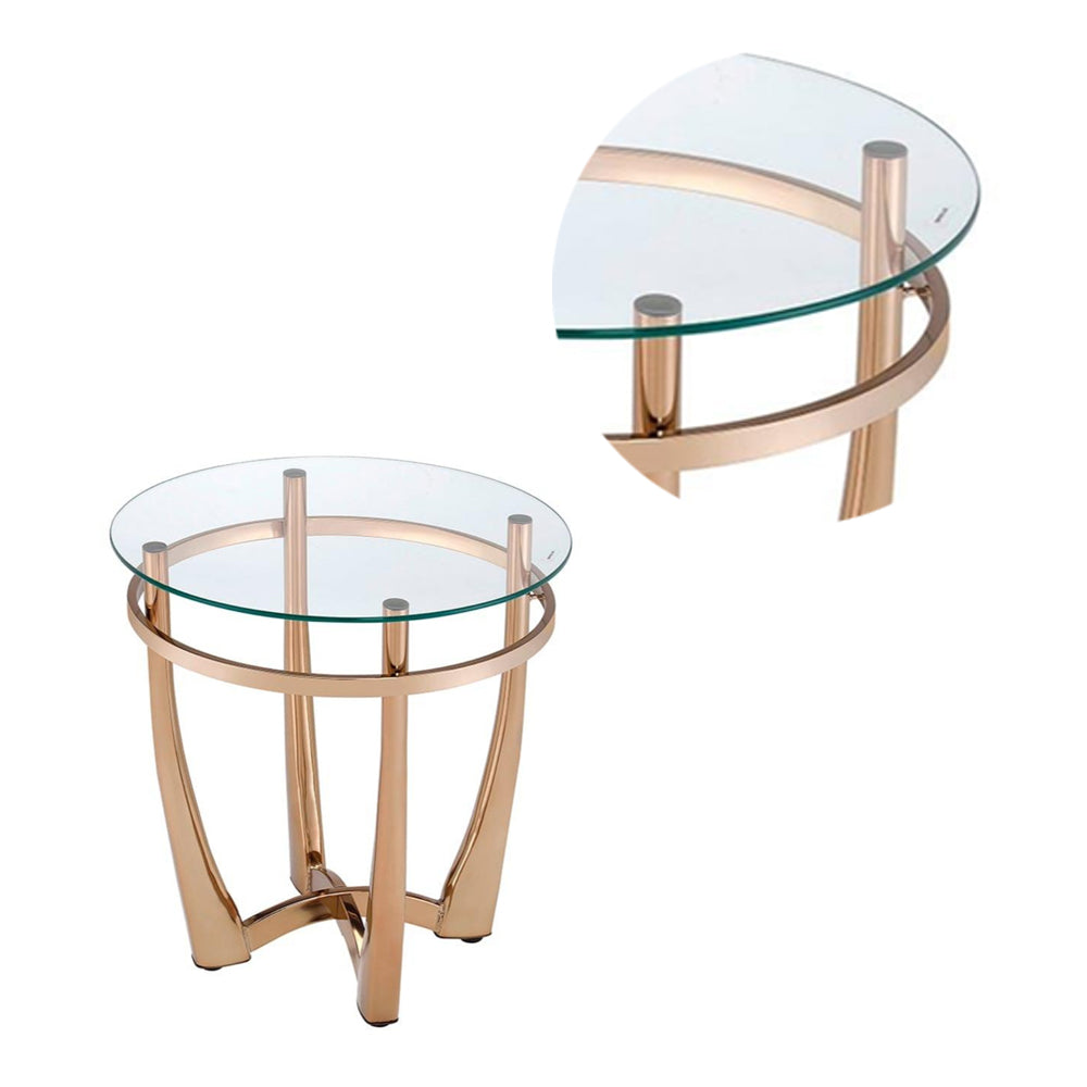 Glass Top Round End Table with Metal Base, Champagne Gold and Clear