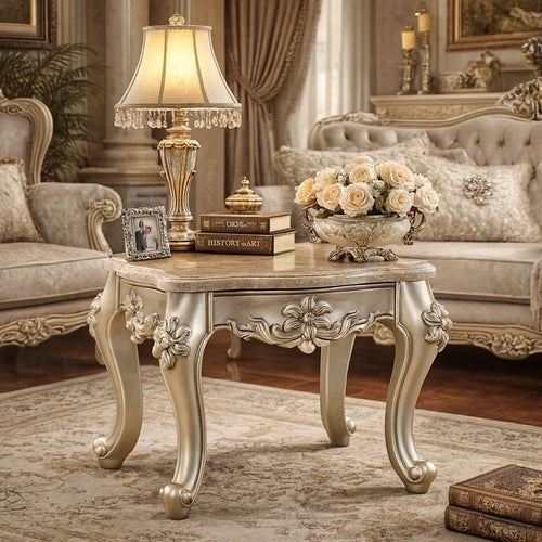 Clairmont End Table | Marble Top | Floral Motif Feet | Silver