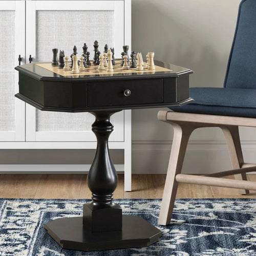 Wooden Game Table with Two Drawers, Bishop Design, Black
