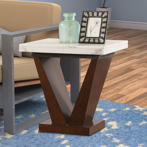 Square Marble Top End Table | 20" | White | Brown V-Base