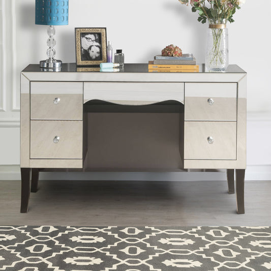 Wooden Framed Mirrored Vanity Desk with Four Drawers and Wavy Apron, Silver By Casagear Home
