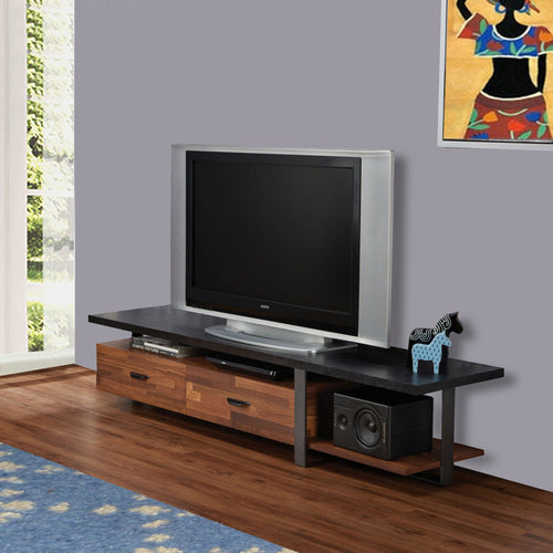 Metal Framed TV Stand | 2 Drawers | Open Shelf | Black & Brown