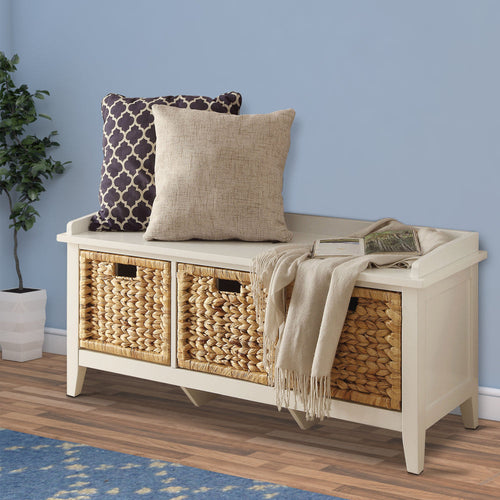 Wood Foyer Bench | Storage Basket | White Finish