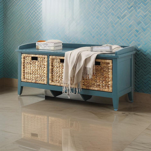 Wood Foyer Bench | Storage Basket | Blue Finish