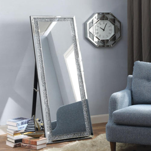 Floor Mirror | Faux Crystal Accents | Wood Frame | Clear