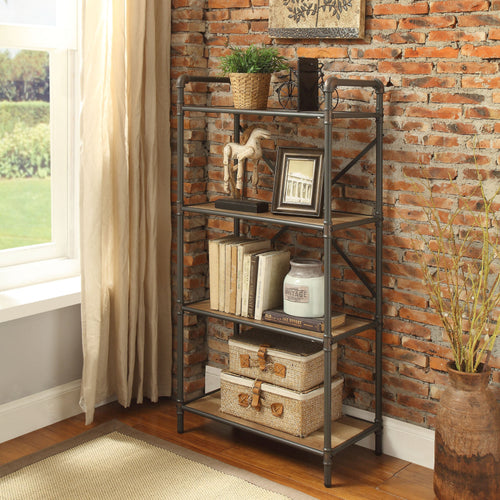 Three Tier Metal Bookshelf With Wooden Shelves, Oak Brown & Gray