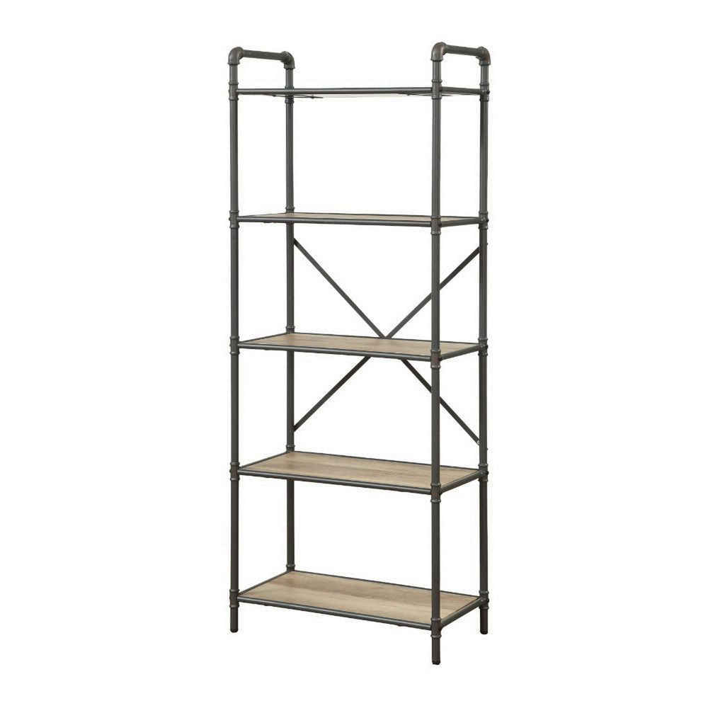 Five Tier Metal Bookshelf With Wooden Shelves Oak Brown & Gray AMF-97164