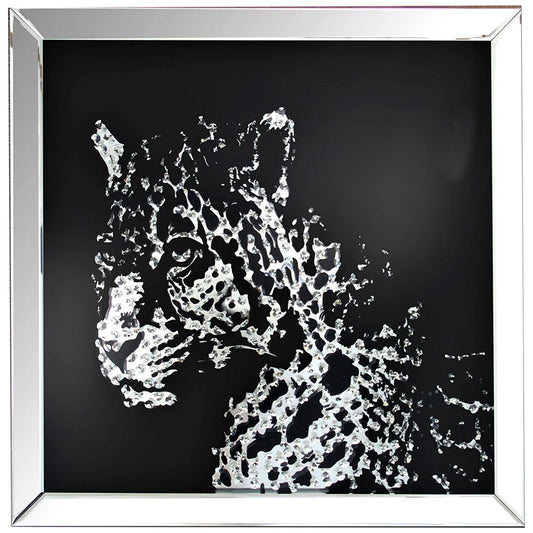Square Shape Mirror framed Leopard Wall D‹¨«cor With Crystal Inlays, Black & Silver By Casagear Home