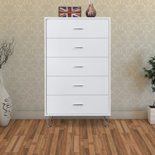 Wood Tall Dresser Chest | 5 Drawers | Contemporary Style | White