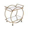 Metal Serving Cart with Mirrored Open Shelf and Tubular Angled Handles, Gold and Clear - 98295