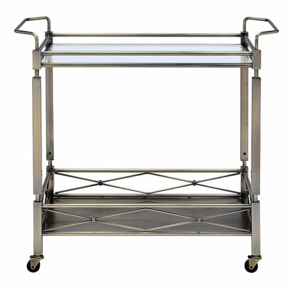 Two Tiered Metal Serving Cart with Glass Shelves and Side Rails, Antique Gold - 98350
