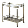 Two Tiered Metal Serving Cart with Glass Shelves and Side Rails, Antique Gold - 98350