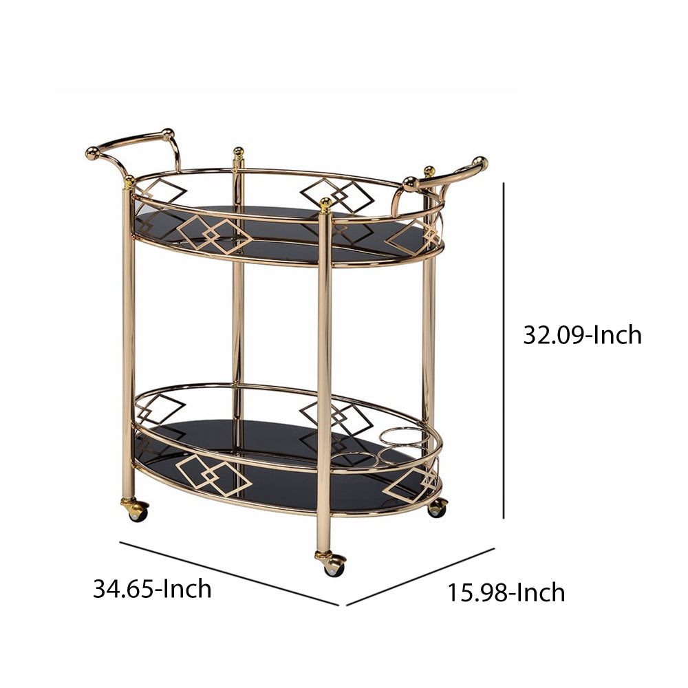 Metal Framed Serving Cart with Tempered Glass Top and Open Bottom Shelf, Gold and Black - 98351