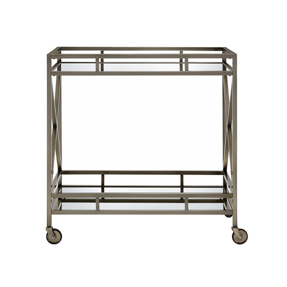 Open Metal Frame 2 Tier Mirrored Serving Cart, Antique Gold and Silver