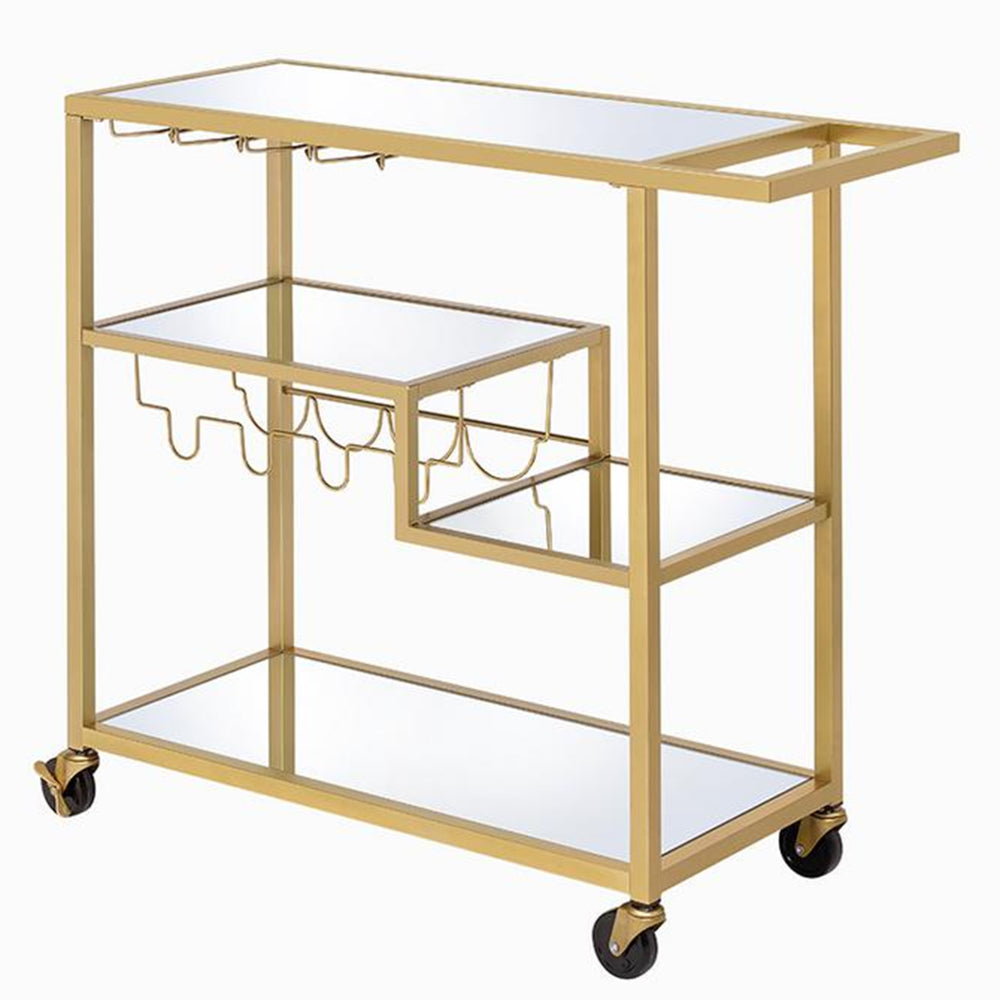 Metal Framed Serving Cart with Wine Bottle Holder and Stemware, Gold and Clear - 98354