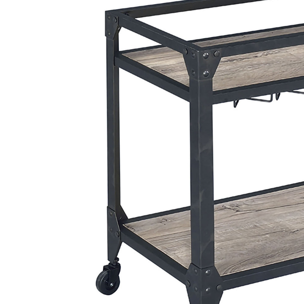 2 Tier Metal Serving Cart with Wooden Shelves and Bottle Holders, Black