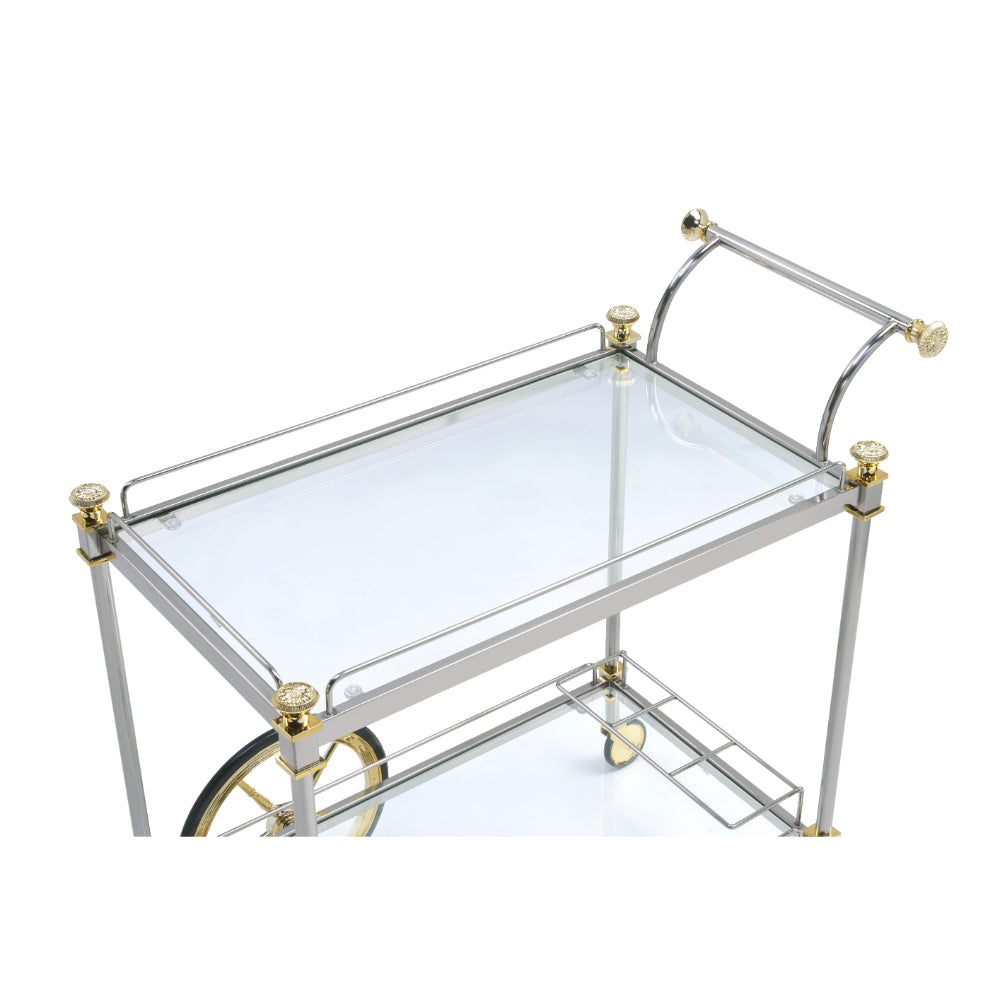 Metal Framed Serving Cart with Glass Shelves and Side Handle, Silver and Gold - 98372