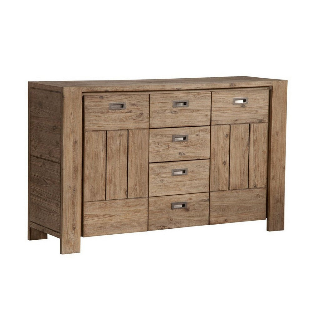 Acacia Wood Sideboard with Four Drawers and Side Cabinets, Brown