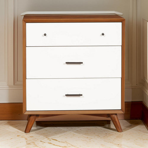Tall Dresser Chest | Modern Style | 3 Drawers | Flared Legs | Brown & White