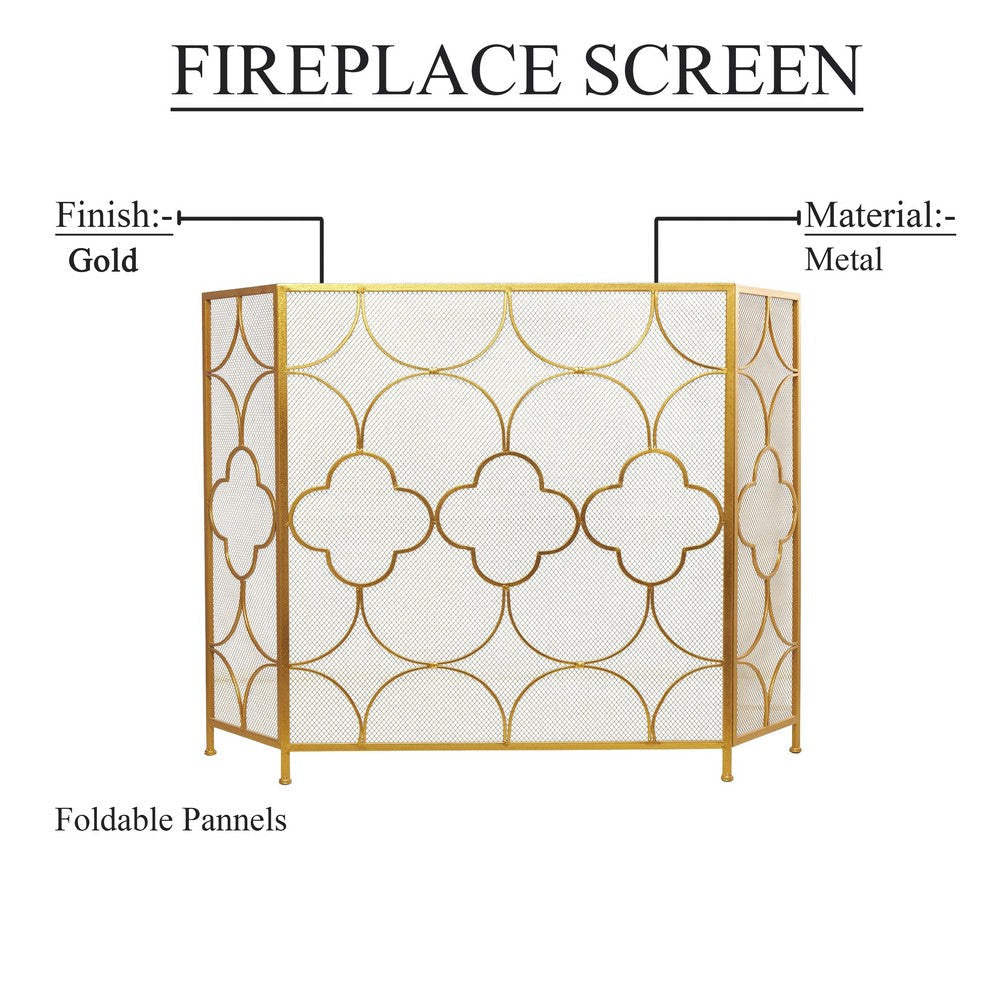 50 Inch 3 Panel Metal Fireplace Screen Quatrefoil Design Gold BM05668