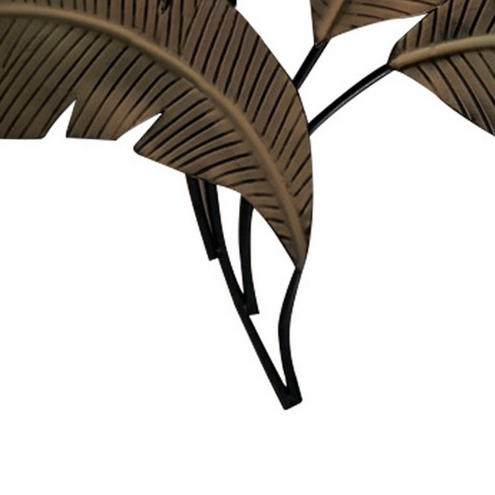 35 Inch Tropical Metal Palm Leaf Wall Mount Accent Decor, Brushed Green, Antique Yellow, Black By Benzara