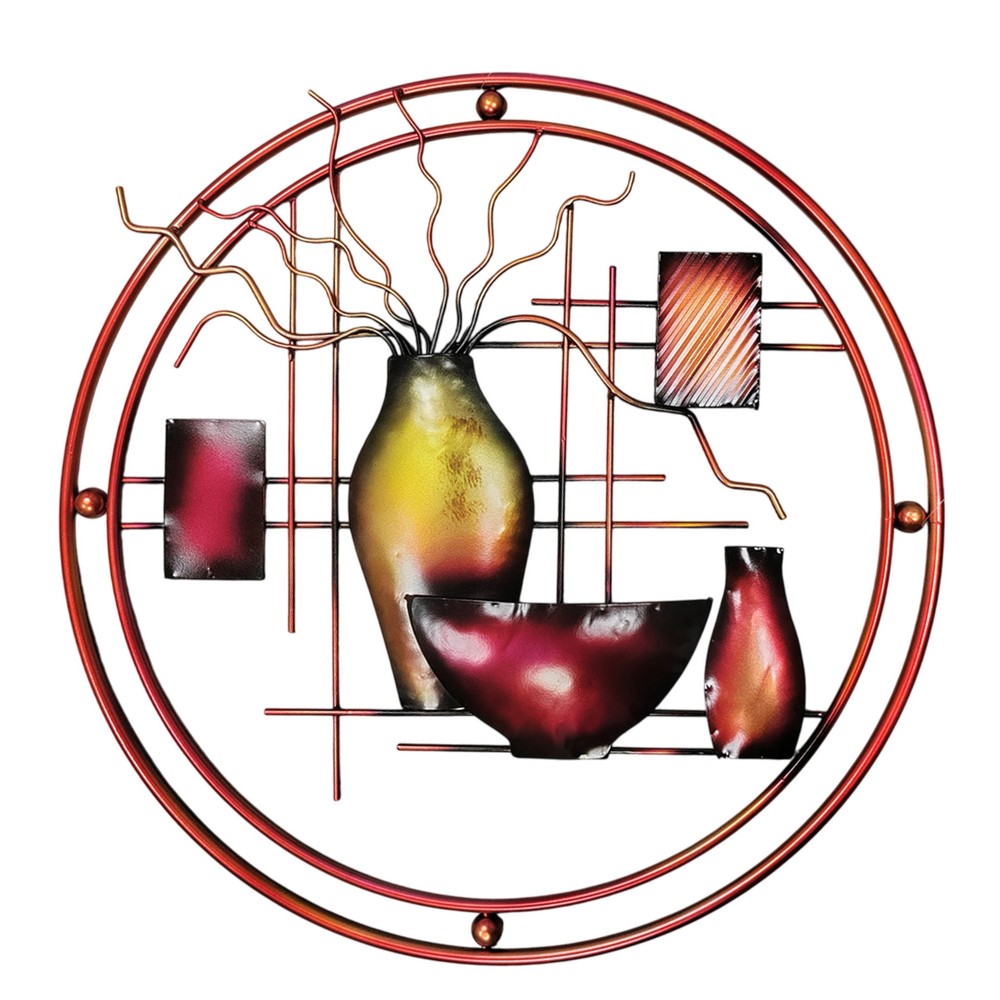 22 Inch Round Metal Wall Decor With Vase, Multicolor By Benzara