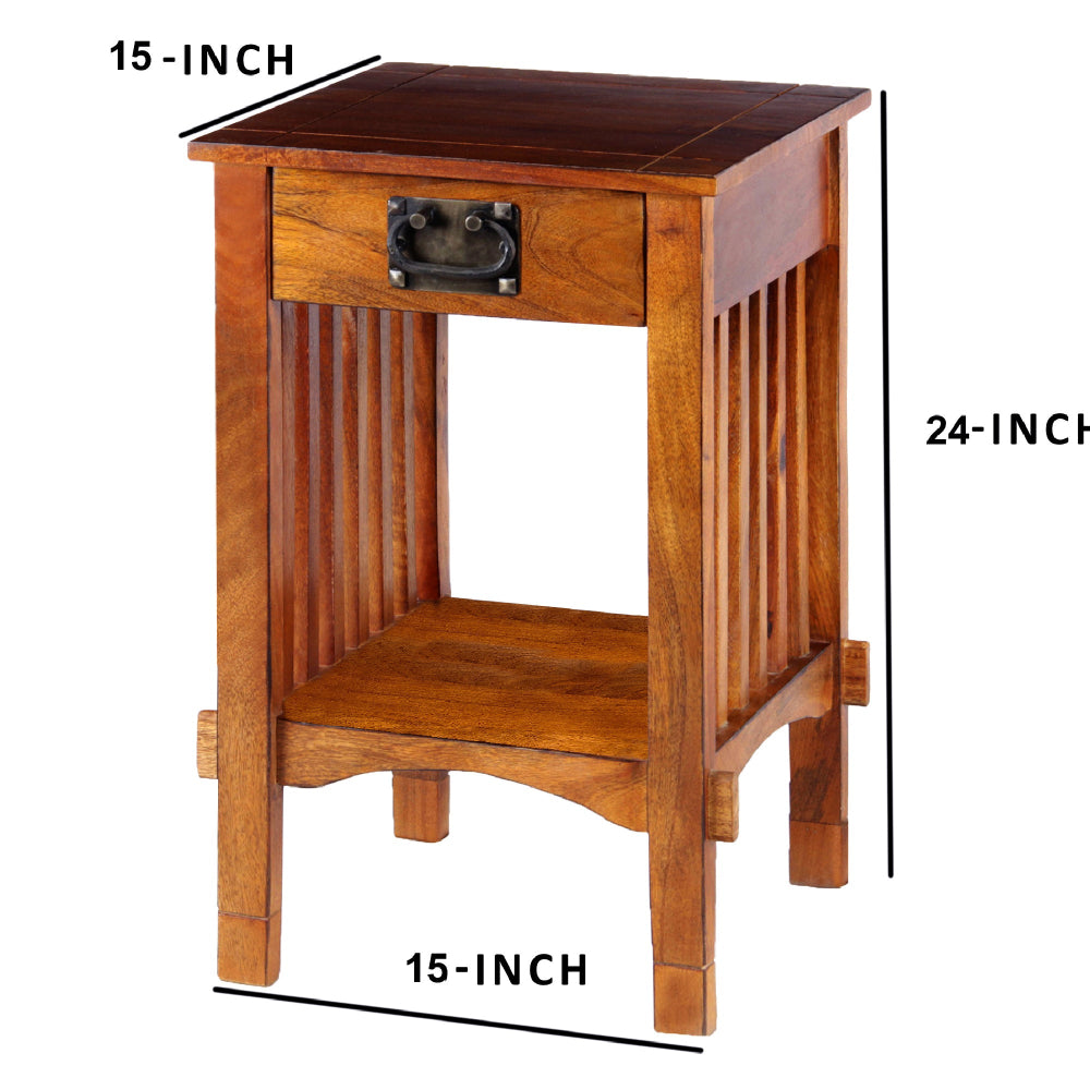 Spacious Mango Wood Nightstand with Slatted Side Panels, Brown - BM122854