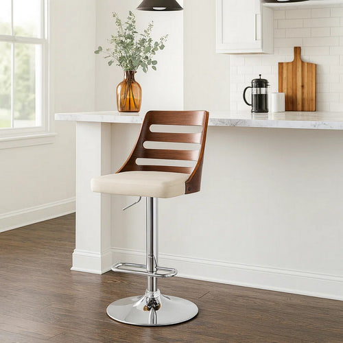 Barstool | Swivel | Wood Cut-Out Back | Pedestal Base | Cream & Chrome