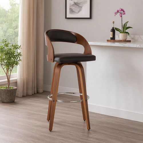 Barstool | 30" | Swivel | Faux Leather | Open Back | Brown
