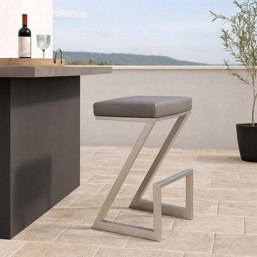 Barstool | Z-Shaped | Metal | Backless | Padded Seat | Silver & Gray