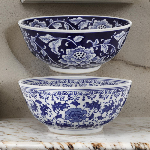 2 Piece Ceramic Bowl Set | Round | Floral Print | Blue & White