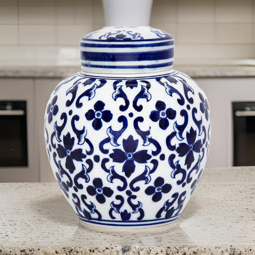 Lidded Jar | Ceramic | Urn Shape | Floral Pattern | White & Blue