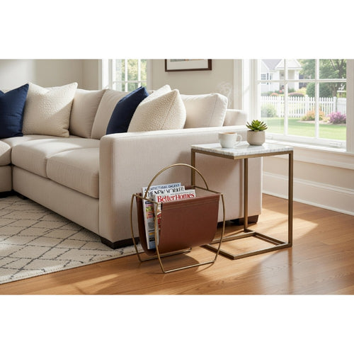 Metal and Leatherette Magazine Rack with Tall Carrying Handle, Brown and Gold