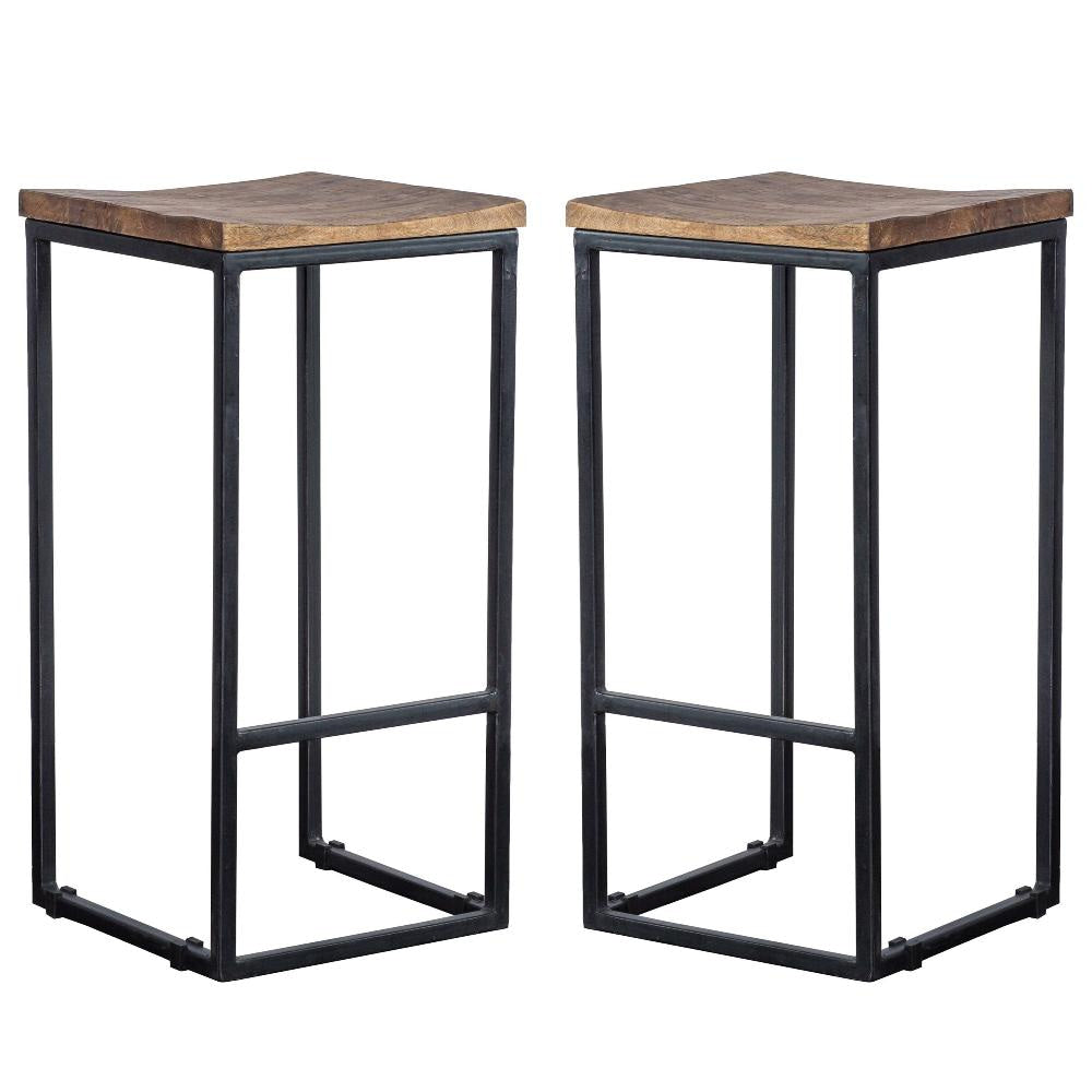 30 Inch Iron Frame Barstool with Mango Wood Saddle Seat Set of 2 Brown and Black By Casagear Home CLH-PL12903