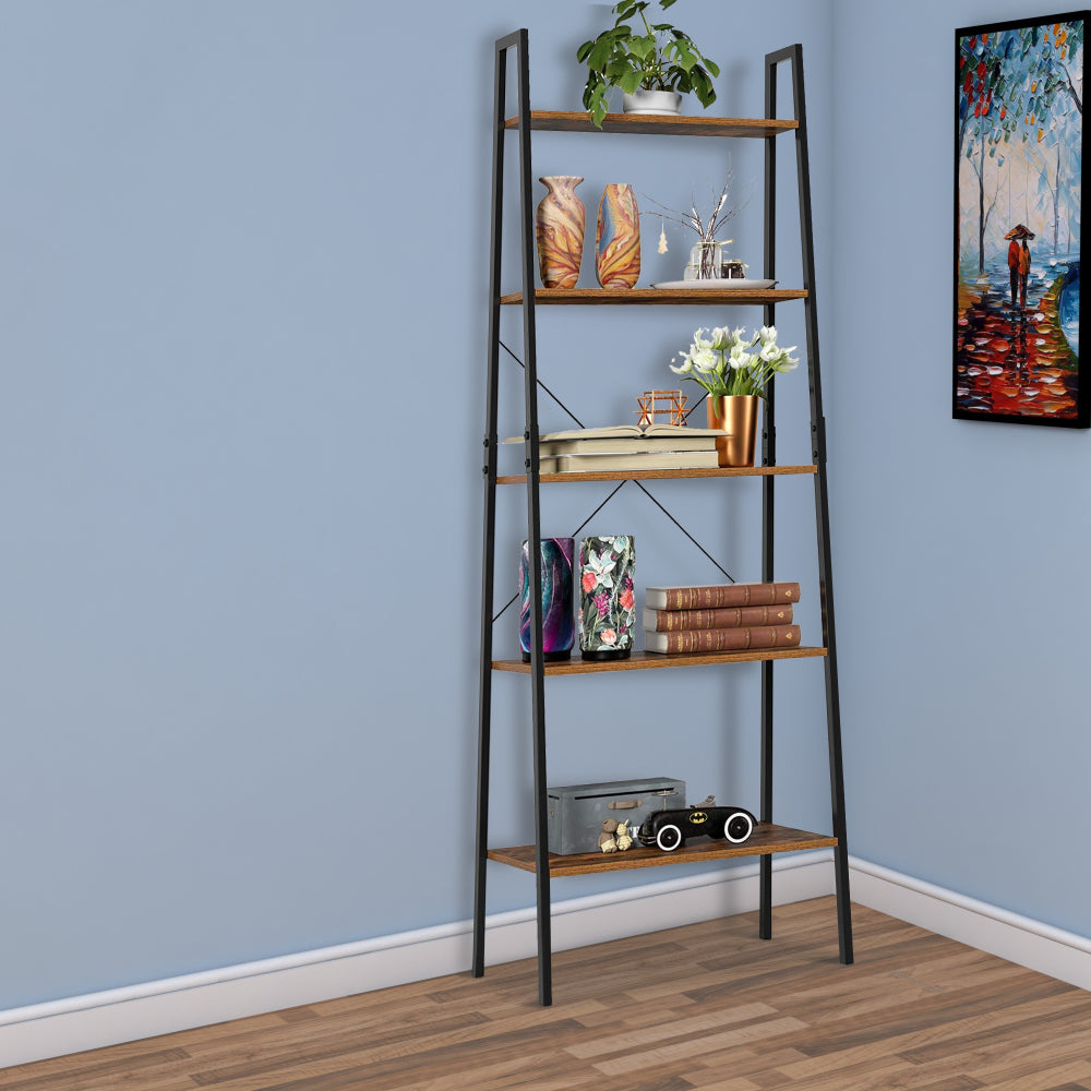 Five Tiered Rustic Wooden Ladder Shelf with Iron Framework, Brown and Black - BM195846 By Casagear Home