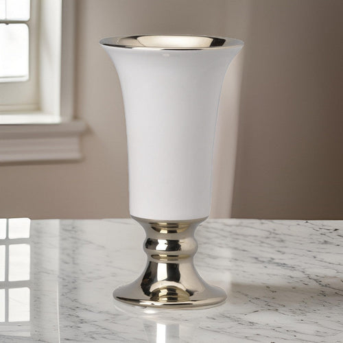 Vase | Ceramic | Flared Top | Pedestal Base | Medium | White & Gold